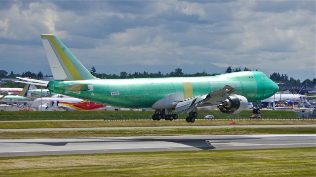 BOEING 747-8 (N5022E) - BOE671 on short final to Rwy 16R to complete its maiden flite on 5/27/14. (LN:1501 / cn 60117). The customer is Silk Way Airlines.