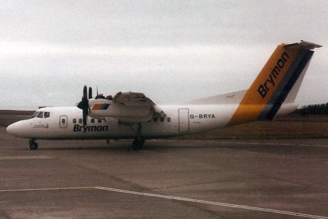 De Havilland Canada Dash 7 (G-BRYA) - Taxiing to the ramp on 10-Jun-94.br /br /With Brymon Airways from Oct-81 to Jun-00 when it became 9M-TAO for Berjaya Air.br /Withdrawn from use at WMSA.