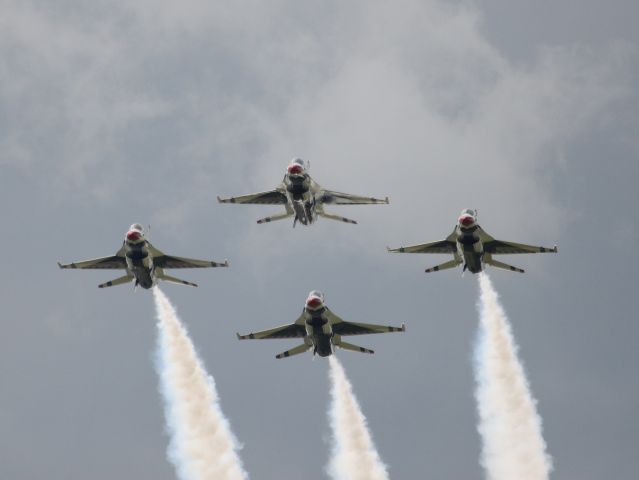 — — - This is the Tbird Low Show due to the low ceiling.  They delayed on the ground due to the weather, took-off and did the low show.  Thirty min after they landed...the skies cleared up.