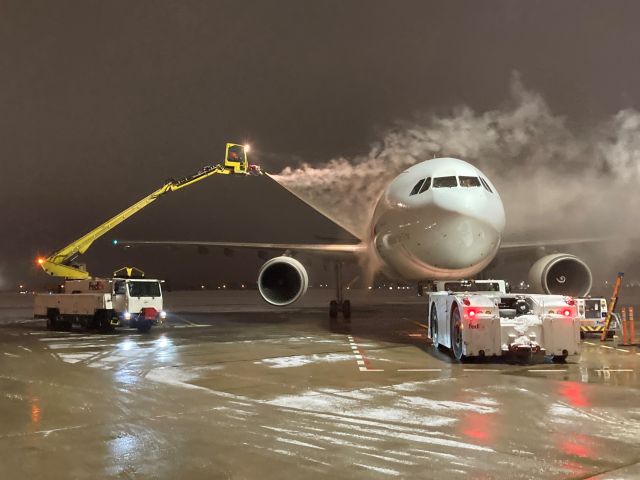 Airbus A300F4-600 (N651FE) - Forward fuselage of "Whitney" getting the Type 1 Deice Treatment of hot water & propylene glycol 8:30 pm January 4th.  