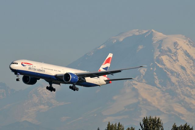 BOEING 777-300 (G-STBD) - Speedbird on short final to Seattles 34R in front of Mt.Rainier.