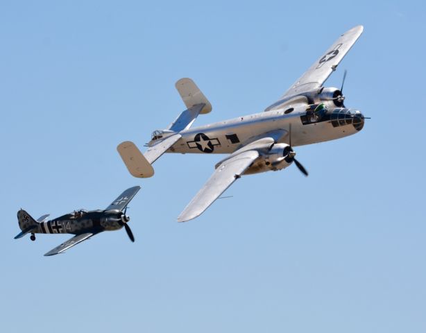 — — - FW-190 and N.A. B-25 Fly-by, Chino Planes of Fame Air Show.