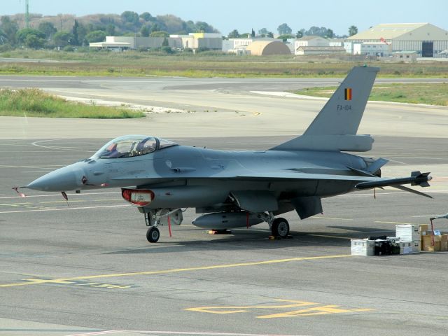 Lockheed F-16 Fighting Falcon (SFR104) - 09 oct 2016 - parked in front of the terminal . instead of Transavia, Cityjet or Flybe.br /air show of Ste Maxime over the gulf of St Tropez