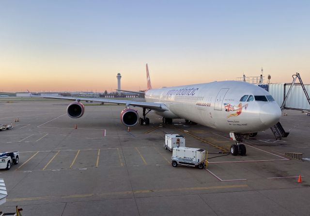 Airbus A340-600 (G-VFIT) - 10-28-2019. Dancing Queen just before sunrise after returning the Cincinnati Bengals home. 