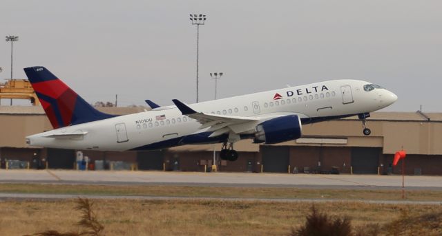 Airbus A220-100 (N101DU) - A Delta Airbus A220-100 departing Carl T Jones Field, Huntsville International Airport, AL, via Runway 18L under mostly cloudy skies - December 6, 2018.