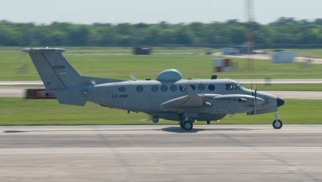 00280 — - A unique Army MC-12 taxis to Runway 04 at Ellington on April 20, 2021 after a brief stop.