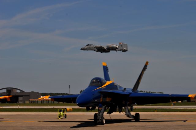 — — - MDANG A10 flying over a parked Blue Angel at Martin State Airport MD