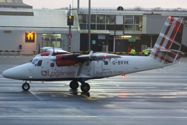 De Havilland Canada Twin Otter (G-BVVK) - A LoganAir De Havilland Canada DHC-6-300 Twin Otter at Glasgow Airport.br /br /Location: Glasgow Airport.br /Date: 25.11.22 (dd/mm/yy).