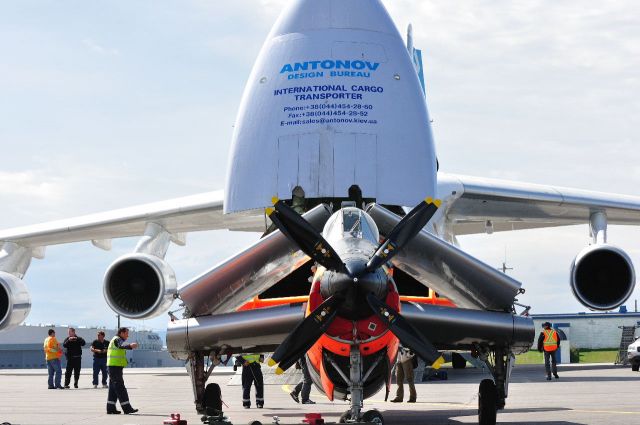 Antonov An-124 Ruslan (ADB1714) - Loading Gannet aircraft for shipping to USA south ramp Goose Bay