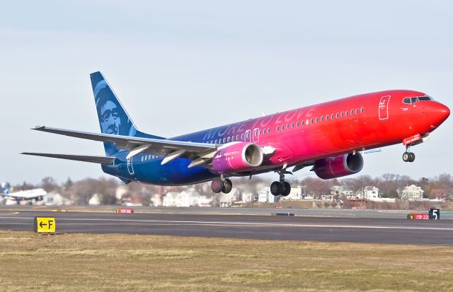 Boeing 737-900 (N493AS) - More to Love lift special livery off 22R on the way to GSO  without Scimitar Winglets after sustaining damage at KBOS Logan on 03/10/17