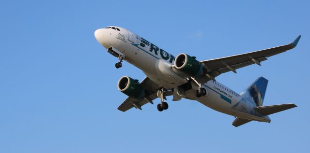 Airbus A320neo (N378FR) - Shortly after departure is this 2021 Frontier Airlines Airbus 320-251N with "Lewis" the Greater Sage-Grouse getting the tail view in the Autumn of 2023.