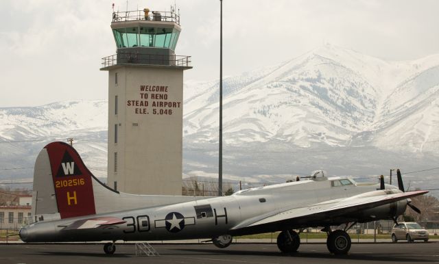 Boeing B-17 Flying Fortress (N5017N) - "Aluminum Overcast," a B-17G (N5017N) operated by the EAA, sits under heavily overcast skies after arriving at KRTS yesterday afternoon from Napa, CA (KAPC).  Aluminum Overcast will be at Stead for three days.