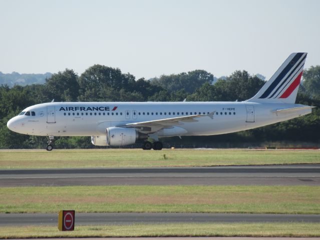 Airbus A320 (F-HEPE) - Taken from Manchester Runway Visitor Park. F-HEPE taxing after landing on 05R.