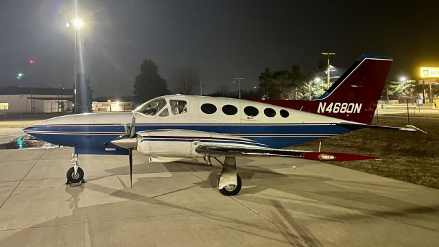 Cessna Chancellor (N4680N) - N4680N, a 1978 Cessna 414A Chancellor, sitting outside one of the two main hangars overnight @ KVPZ. 3/15/22. 