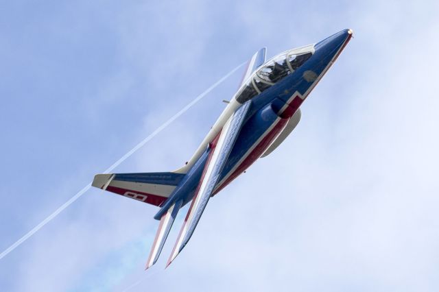 — — - Alpha Jet of Patrout de France Aerobatic Team over Jersey Sept 2012