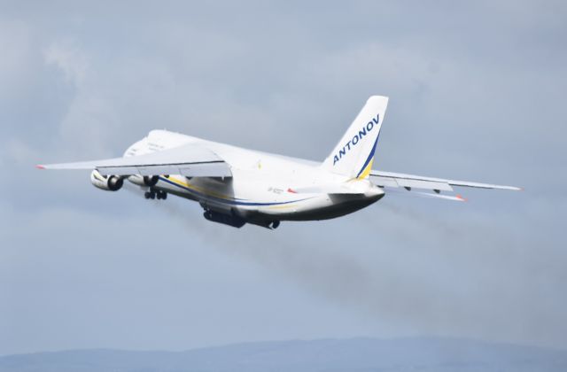 Antonov An-124 Ruslan (UR-82027) - ADB3708 on departure to Portsmouth and Mobile with wings for the A220 on 20/04/2024.