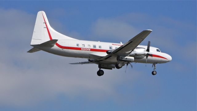 CONVAIR CV-580 (N580HW) - Honeywell's Convair 340-31 (Ser#2) on final approach to runway 16R on 4/1/13.