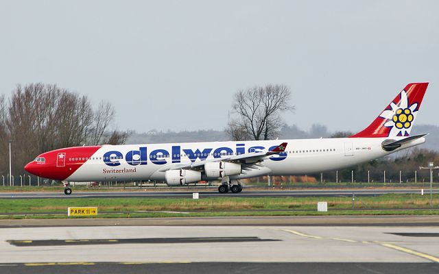 Airbus A340-300 (HB-JMD) - edelweiss air a340-313 hb-jmd diverting to shannon while routing from san jose to zurich 16/2/19.