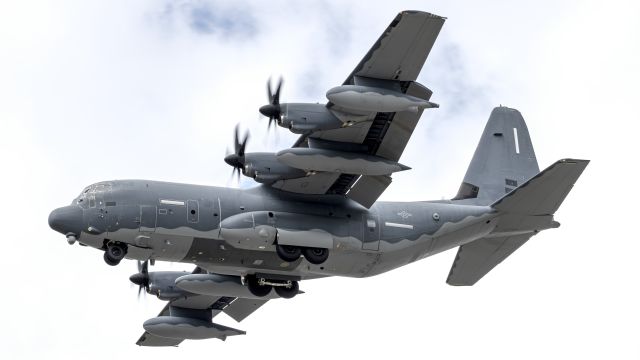 Lockheed EC-130J Hercules (18-5884) - "MIKE21" is seen here after a short and curvy flight around the west-edge of the state. To note are the blocked out serial numbers as well as the "USAF" stencil usually seen above the one on the tail.