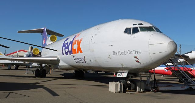 Boeing 727-100 (N466FE) - FDX's B727-225 "Gideon" (N466FE), ex-Eastern, ex-Avianca, may be looking a bit weatherbeaten, but it avoided the aircraft graveyard when it was donated to the Aerospace Museum of California at KMCC where it dazzles the youngsters and jogs the memories of the old timers like me. Gideon may be somewhat tired looking but then again, it IS almost a half century old. There is an entire generation of Americans who will never experience the thrill of being a passenger in Boeing's first, and thus far only, T-tail tri. For me, viewing Gideon flashed me back to my flights on American, United, Braniff, Delta, Eastern, and TWA 727s, and the only regret I had seeing Gideon was that the cabin door at the top of those stairs was closed and locked. It might not look it to some folks, but Gideon is a great exhibit.