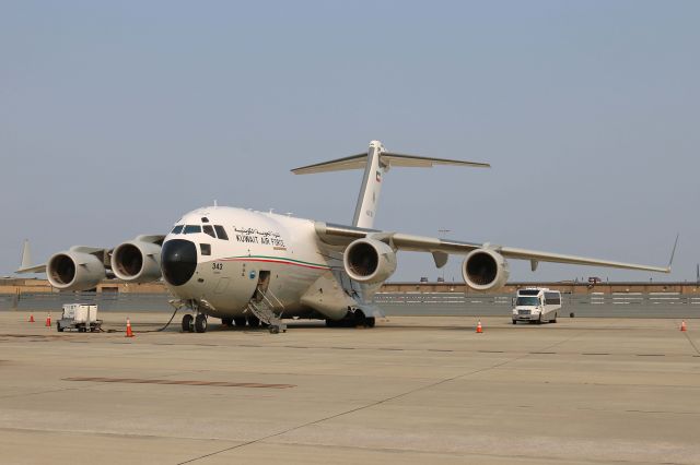 Boeing Globemaster III (KAF343) - A complete surprise for me and my first sighting of a foreign C-17. KAF343, a Boeing C-17A Globemaster III, tail #13-0002, c/n F-266, of the Kuwait Air Force, captured here on Pad-3 moments after arriving at KCLE on 4 Sept 2017.