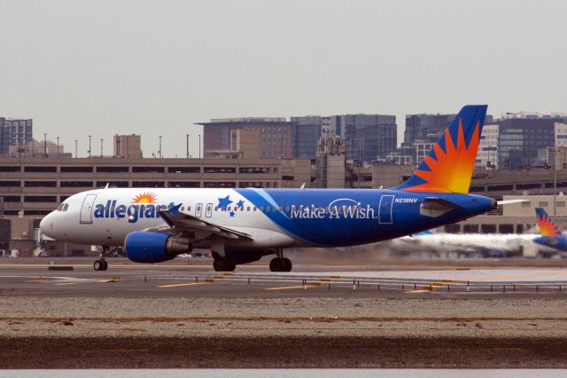 Airbus A320 (N218NV) - Allegiant A320 in special 'Make A Wish' livery departing BOS on 2/28/21. 