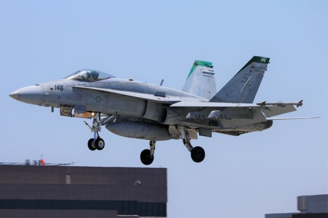 McDonnell Douglas FA-18 Hornet (16-4020) - A USMC F/A-18C Hornet of VMFAT-101 "Sharpshooters" arrives at Long Beach.