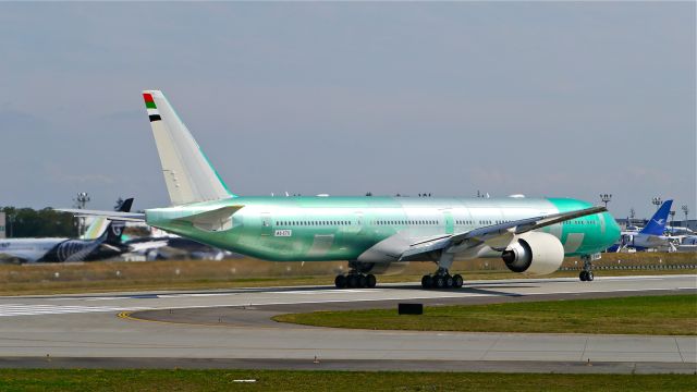 BOEING 777-300 (A6-ETS) - BOE267 makes a fast taxi / braking test prior to its maiden flight on 8/21/14. (LN:1235 / cn 44548).