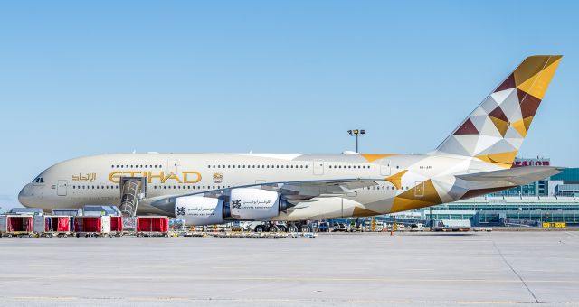 Airbus A380-800 (A6-API) - First ever visit of an Etihad A380 to YYZ as a result of a diversion from JFK the night before. (EY101 from Abu Dhabi to JFK) This aircraft did circles above New York for over an hour and tried two landing attempts before the diversion to Toronto. I was at work for the landing but caught this slightly obstructed view the next morning, my first time seeing one! An Emirates A380 also diverted from JFK at the same time!br /Photo taken March 3rd 2018