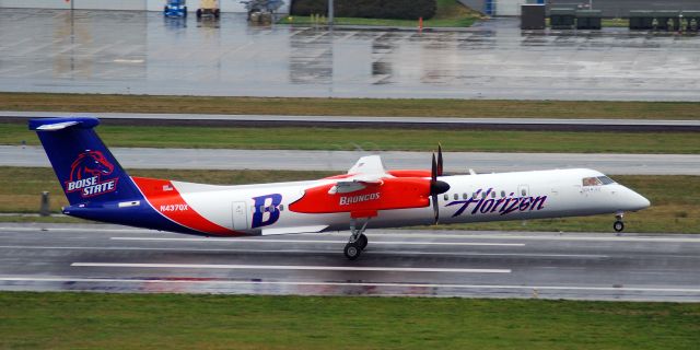 de Havilland Dash 8-400 (N437QX) - Horizon Air Bombardier Dash-8 Q400 with the newest Boise State Broncos livery takes off from Portland International Airport.