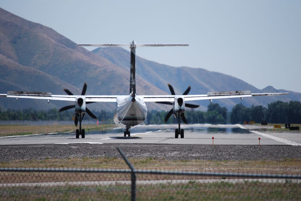 de Havilland Dash 8-400 (N404QX) - Alaska Air Departing for Portland, Oregon Heading south out of Freidman Memorial Airport in Hailey Idaho