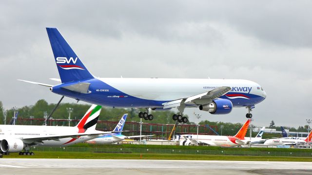 BOEING 767-300 (4KSW808) - BOE551(LN:1027) on final approach to runway 16R to conclude a flight test on 5/4/12. The customer is Azerbaijan Cargo/SilkWay (AZQ).