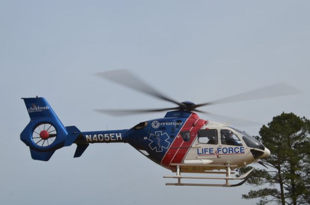 Eurocopter EC-635 (N405EH) - One of Erlanger Hospital's Life Force helicopters of Chattanooga, TN departs a landing zone in Murphy, NC.