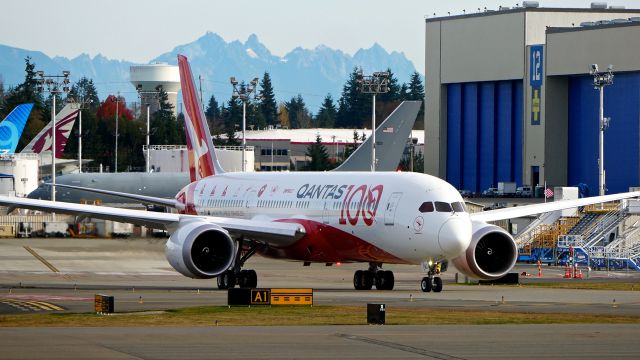 Boeing 787-9 Dreamliner (VH-ZNJ) - QFA6027 taxis from the Boeing North ramp after engine start prior to its delivery flight to KLAX on 11.7.19. (ln 929 / cn 66074).