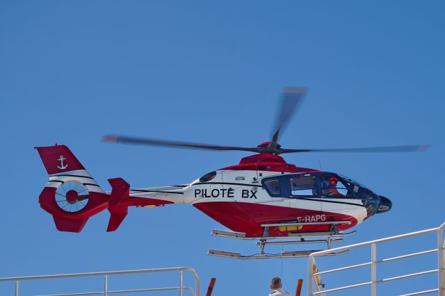 F-HAPG — - “Helitreuillage”: Picking up a ship-pilot by helicopter, as seen from on board the Holland America Line’s cruiseship  MS Prinsendam, leaving the Gironde river outbound to open sea.