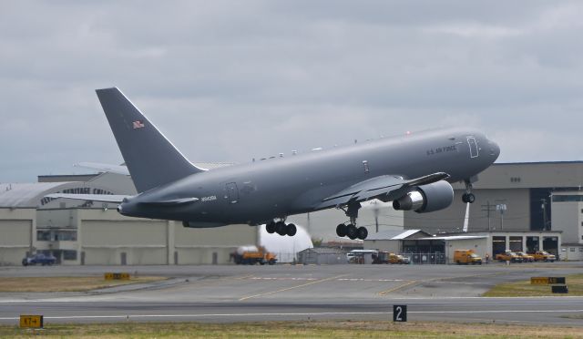 Boeing KC-46 Pegasus (N842BA) - BOE465 on rotation from Rwy 16R during a touch/go landing on 8/10/16. (ln 1091 / cn 41852).