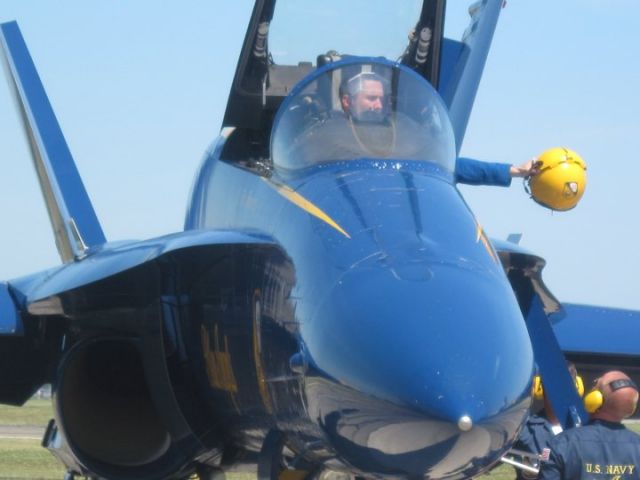 McDonnell Douglas FA-18 Hornet — - USN Blue Angels arrive at Republic Airport during the Memorial Day weekend.