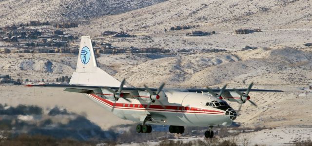 Antonov An-12 (UR-CAJ) - An Antonov AN-12BK (UR-CAJ), the first of two of the Ukraine Air Alliances fleet of seven, is seen here yesterday in the final few seconds of its approach to Reno Tahoe Internationals runway 34L. The UKL Antonov (NATO Reporting Name: "Cub") was arriving here from James Armstrong Richardson International (CYWG) in Winnipeg, Manitoba, Canada.