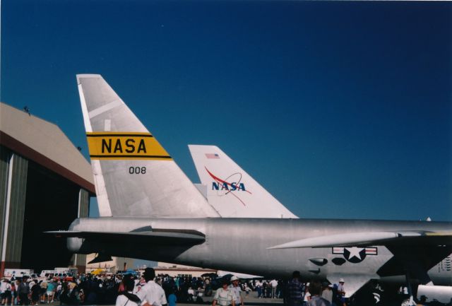 Boeing B-52 Stratofortress (52-0008) - NASA new and old. B-52B and B-747 Shuttle aircraft on display at the Edwards AFB Open House and Air Show 10-18-1997