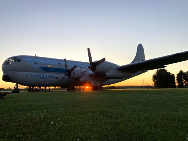 Boeing C-97 Stratofreighter (N227AR) - Sunrise on the Don Q C-97 Stratofreighter which was flown in to a now closed airport in Dodgeville, WI.br /br /This beauty flew with the California ANG but the high point of this plane's history occurred when it was the co-star in a Mercury Cougar XR-7 with Charlie's Angels very own Farrah Fawcett. 