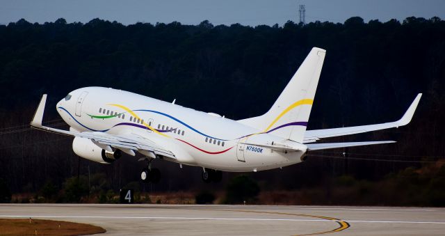 Boeing 737-700 (N7600K) - SAS BBJ lifting off to parts unknown, from the RDU observation deck, 12/23/17.