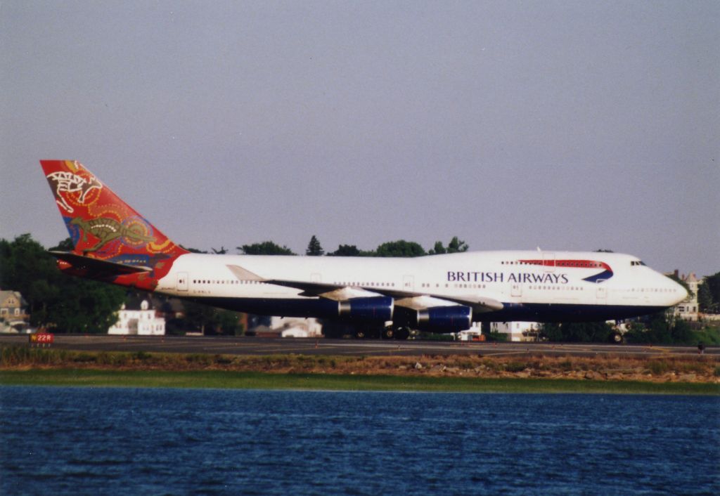 Boeing 747-400 (G-BNLS) - BA B744 with Wanula Dreaming tail scheme arriving at Logan in June 2002