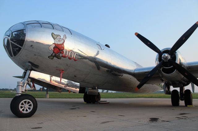 Boeing B-29 Superfortress (N69972) - Doc with the morning sunrise reflected in the fuselage.br /Morning at Platinum Aviation Appleton.  