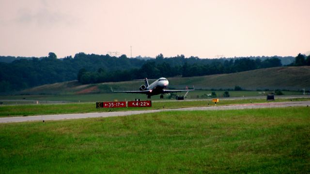 Canadair Regional Jet CRJ-200 (N402AW) - Air Wisconsin flight 3915 Takes off on runway 4 at LYnchburg after a very long weather delay