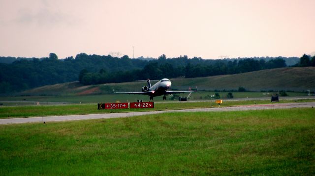 Canadair Regional Jet CRJ-200 (N402AW) - Air Wisconsin flight 3915 Takes off on runway 4 at LYnchburg after a very long weather delay