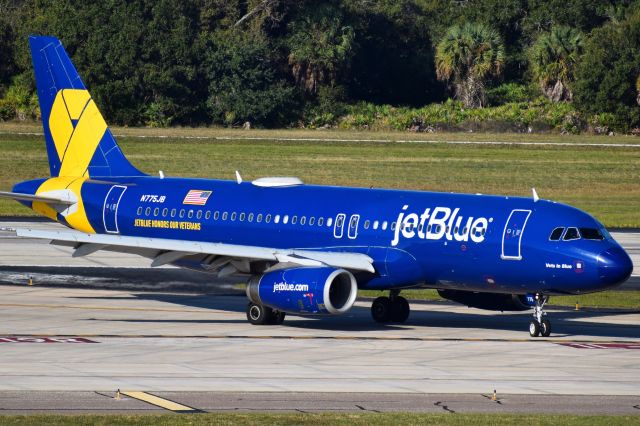 Airbus A320 (N775JB) - "Vets In Blue" livery arriving into Tampa International from Washington National (DCA) as JBU753 on December 1st 2020br /br /• Formerly named "Canard Bleu" FEB 2009 - NOV 2014br /• Painted into "Vets in Blue" livery November 2014br /• Reconfigured from 150 seats to 162 seats OCT 2019