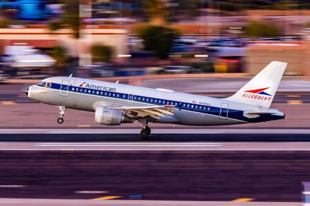 Airbus A319 (N745VJ) - American Airlines A319 in Allegheny retro livery landing at PHX on 12/9/22. Taken with a Canon R7 and Tamron 70-200 G2 lens.