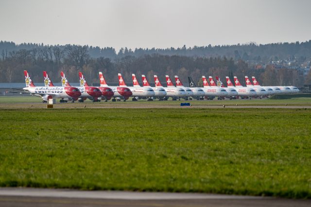 — — - Grounding due to COVID19 Lockdown part of the Swiss and Edelweiss fleet at Duebendorf Military Air Base LSMD