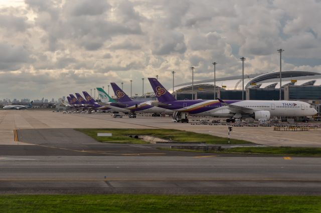 Airbus A350-900 (HS-THG) - 28th August, 2024: Line-up of mostly Thai Airways wide bodies at the newly built Satellite Terminal 1 - located immediately to the south of the main terminus. 