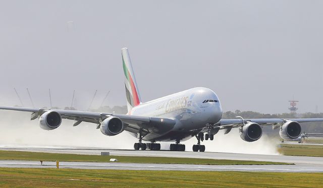 Airbus A380-800 (A6-EEU) - Taking off from a wet runway in Perth Western Australia